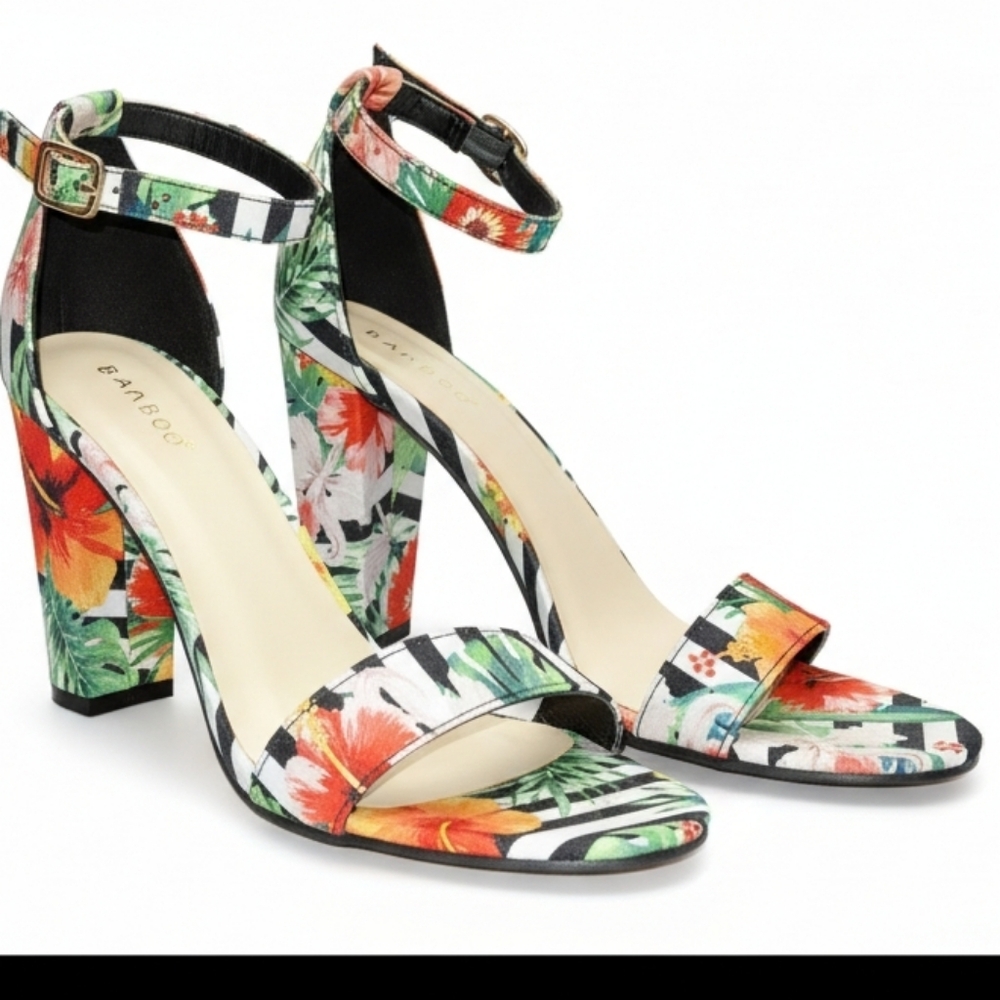 EUC ​Bamboo Tropical Floral & Striped Ankle Strap Block Heels - Size 10! - Picture 5 of 16